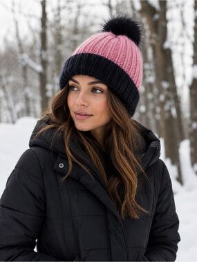 Marcus Adler Pink and Black Knit Beanie With Pom Pom Cozy Winter Chic Colorblock